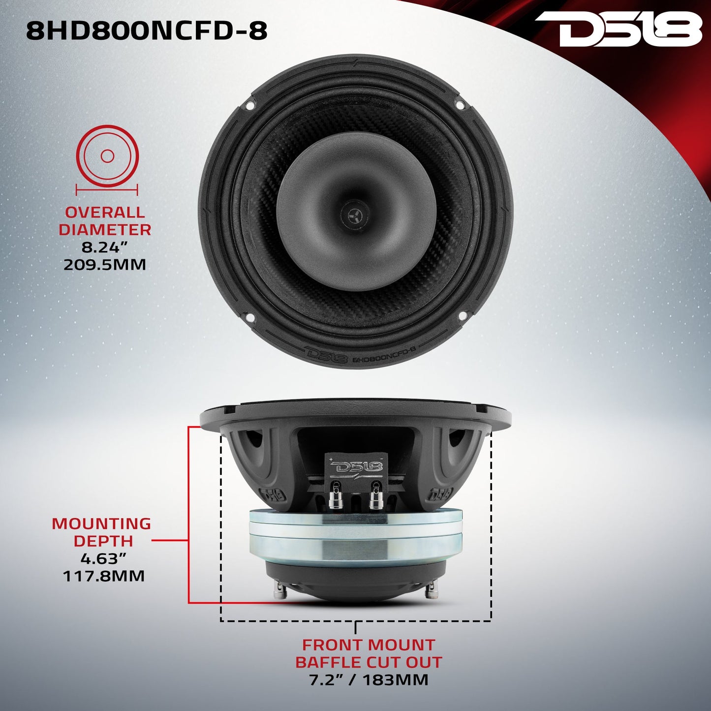 8" Neodymium Coaxial Hybrid Mid-Bass Water resistant Carbon Fiber Cone Loudspeaker with Built-in Driver 400 Watts Rms 8-Ohm