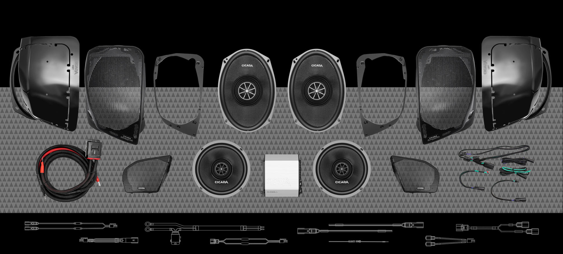 500w 4CH AMPLIFIER &amp; 4 PRO COAXIAL HORN SPEAKER H-D® ROAD GLIDE® COMPLETE SYSTEM