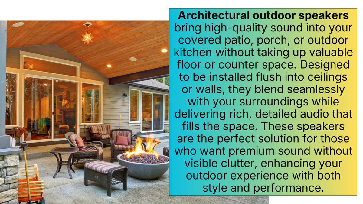 Architectural speakers serving a finished outdoor kitchen