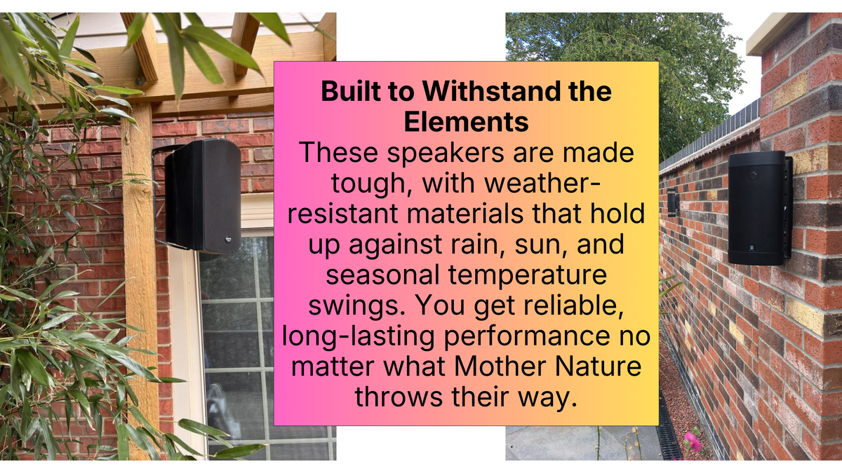 Black surface-mount speaker secured to brick