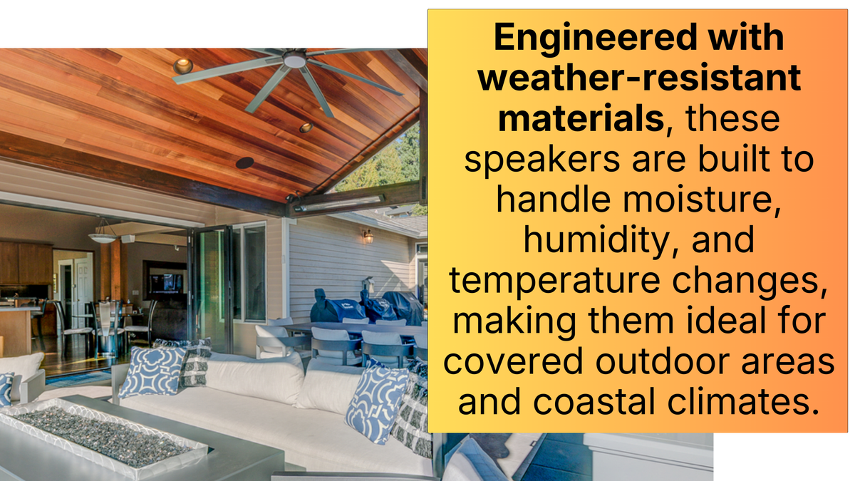 Architectural speakers in a finished covered patio