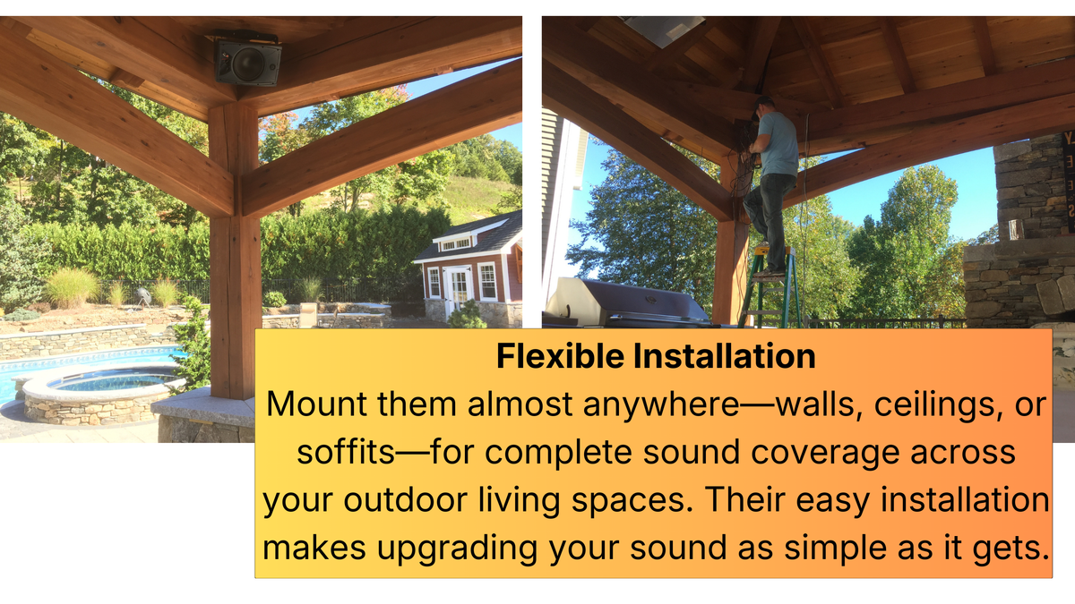 Surface-mount speakers covering a pool and pergola area