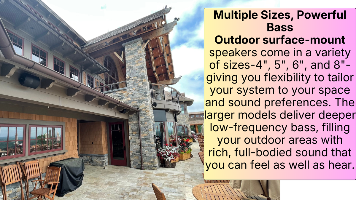 Surface-mount speakers serving a large patio