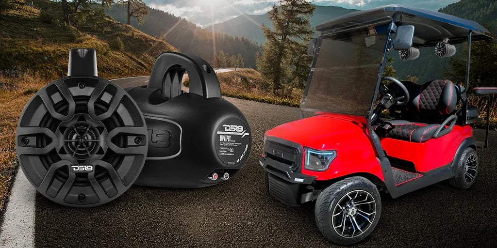 Six-seat golf cart with a long overhead soundbar