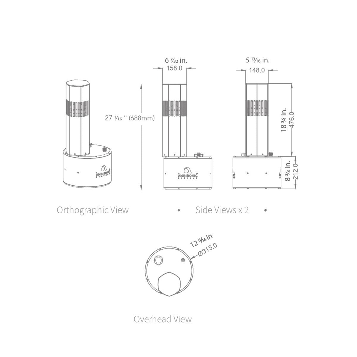 Luxury Bollard Spkr, 6in Sub, 360deg 4.5in 8hm/70v, Silver