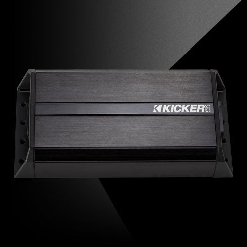 Top view of rugged KICKER PX amplifier with black aluminum casing and side mounting brackets.