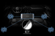 Car interior diagram showing KICKER KEY amplifier optimizing four speakers with KEY Technology.