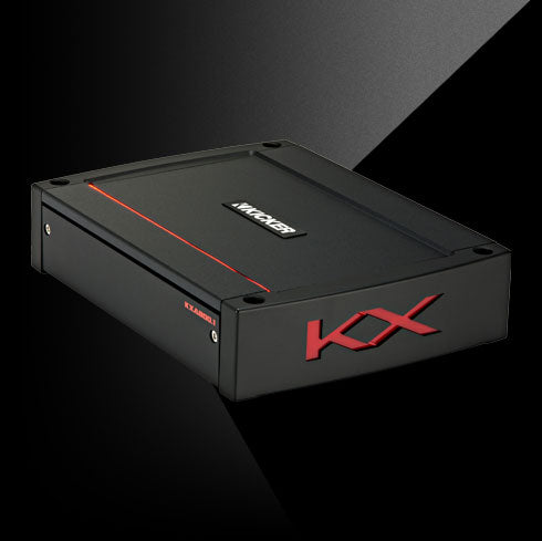 Angled view of KICKER KXA800.1 amplifier with black housing, red accent line, and side KX logo.