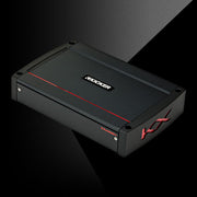 Angled view of KICKER KXA1600.1 amplifier with black housing, red accent line, and side KX logo.
