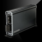 Angled side view of KICKER CXA360.4 car amplifier showing terminal block connections.