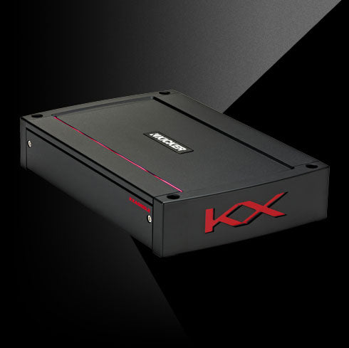 Angled view of KICKER KXA1200.2 amplifier with black housing, red accent line, and side KX logo.