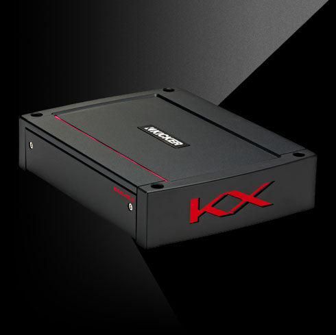 Angled view of KICKER KXA400.2 amplifier with black housing, red accent line, and side KX logo.
