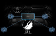 Car interior diagram showing KICKER KEY amplifier optimizing four speakers with KEY Technology.