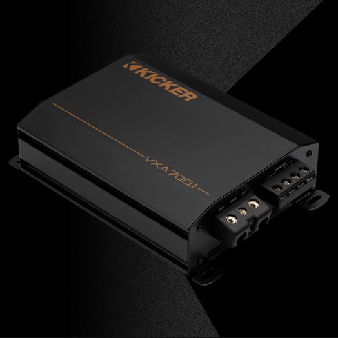 KICKER VXA700.1 amplifier with rugged black enclosure and logo visible on top.