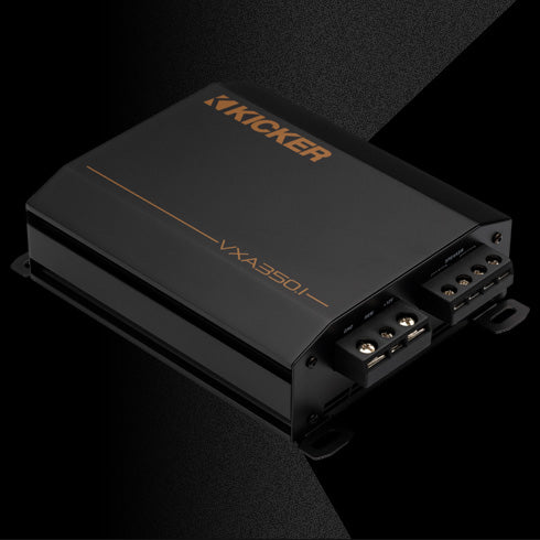 KICKER VXA350.1 amplifier with rugged black enclosure and logo visible on top.
