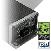 Close-up of KICKER KEY2004ISO amplifier control panel, shown with 2019 SEMA Global Media Award and TWICE Picks Awards logos.