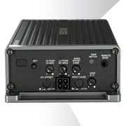 Rear panel of KICKER KEY500.1 amplifier showing adjustment knobs, ports, and settings.