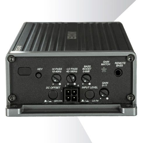 Rear panel of KICKER KEY500.1 amplifier showing adjustment knobs, ports, and settings.