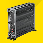 Side view of vertically mounted KICKER CXA400.1 car amplifier showing control panel and RCA inputs.