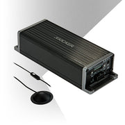 KICKER KEY2004ISO car amplifier shown with microphone and wired remote