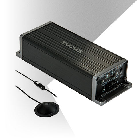 KICKER KEY2004ISO car amplifier shown with microphone and wired remote