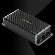 Angled view of KICKER KEY500.1 car amplifier with visible control panel.
