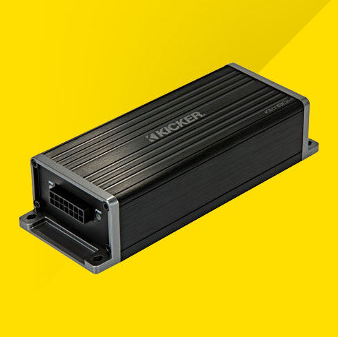Angled view of KICKER KEY200.4 car amplifier showing input connector.