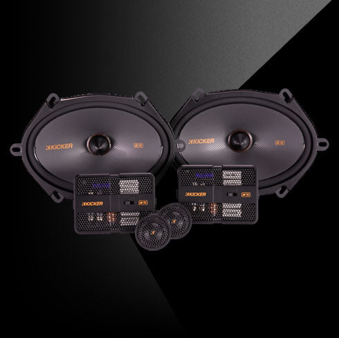KICKER KS-Series component speaker system with two mids, two tweeters, and compact crossover networks.