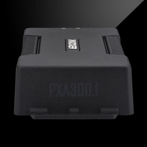 KICKER PXA300.1 amplifier with rugged black enclosure and logo visible on top.