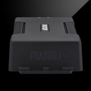 KICKER PXA300.1 amplifier with rugged black enclosure and logo visible on top.