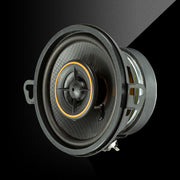 KICKER KSC350 3.5-inch coaxial speaker with black cone, orange-trim tweeter, and thin-mount design.