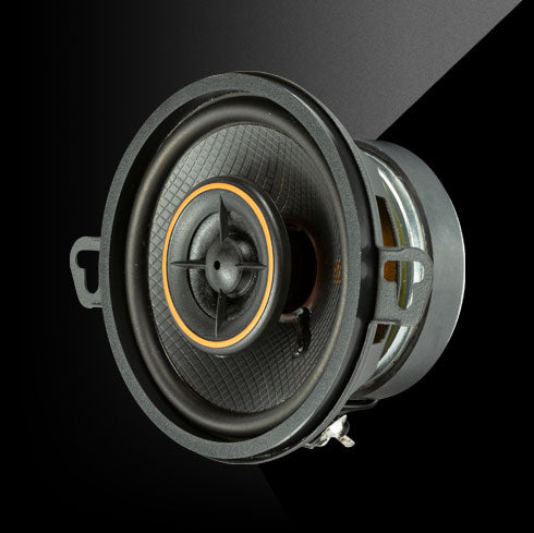 KICKER KSC350 3.5-inch coaxial speaker with black cone, orange-trim tweeter, and thin-mount design.