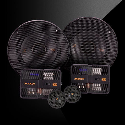 KICKER KS-Series component speaker system with two mids, two tweeters, and compact crossover networks.