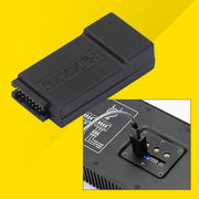KICKER PXAPT DSP adapter with close-up of connection port on PXA amp for tuning via KICKER Powersports Tune software.