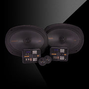 KICKER KS-Series 6x9-inch component speaker system with woofers, tweeters, and compact crossover networks.
