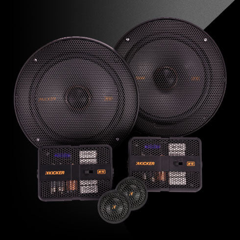 KICKER KS-Series component speaker system with two mids, two tweeters, and compact crossover networks.