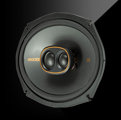 KICKER KSC6930 3-Way Speaker with polypropylene woofer, silk-dome tweeters, and thin-mount design.
