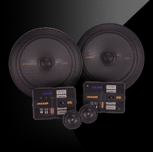 KICKER KS-Series component speaker system with two mids, two tweeters, and compact crossover networks.